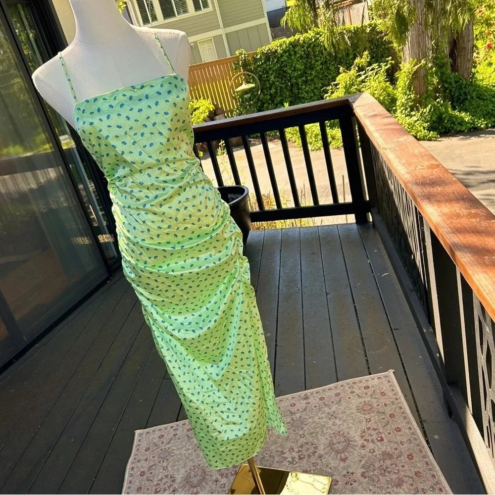 Zara Cottagecore Strappy Satin Side Ruched Green & Blue Ditsy‎ Floral Maxi Dress